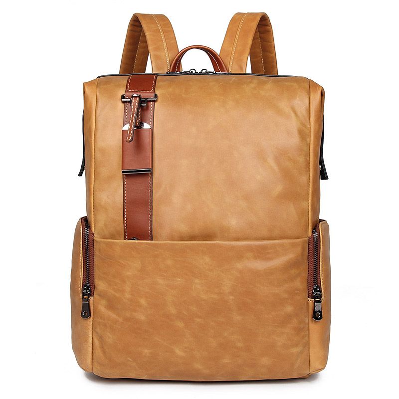 7260B Bright Brown Genuine Leather Men's Backpack Double Buckles